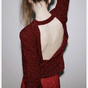 Zara Red Tinsel Knit Sweater Jumper with Open Back